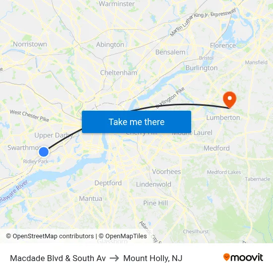 Macdade Blvd & South Av to Mount Holly, NJ map