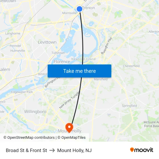 Broad St & Front St to Mount Holly, NJ map