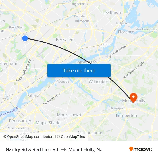Gantry Rd & Red Lion Rd to Mount Holly, NJ map