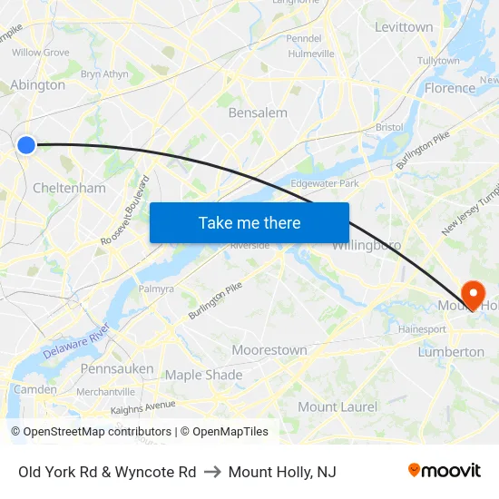 Old York Rd & Wyncote Rd to Mount Holly, NJ map