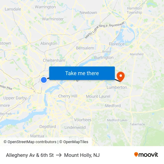 Allegheny Av & 6th St to Mount Holly, NJ map