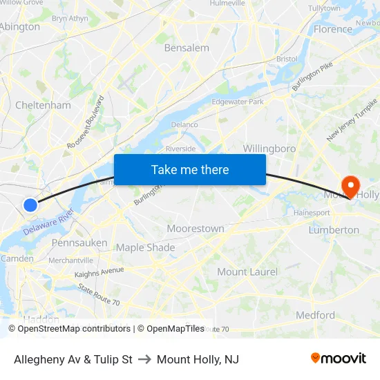 Allegheny Av & Tulip St to Mount Holly, NJ map