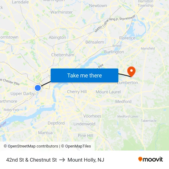 42nd St & Chestnut St to Mount Holly, NJ map