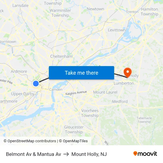 Belmont Av & Mantua Av to Mount Holly, NJ map