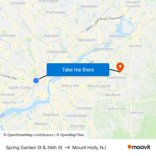 Spring Garden St & 36th St to Mount Holly, NJ map