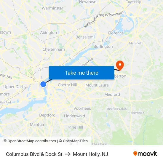Columbus Blvd & Dock St to Mount Holly, NJ map