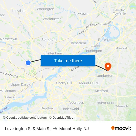 Leverington St & Main St to Mount Holly, NJ map