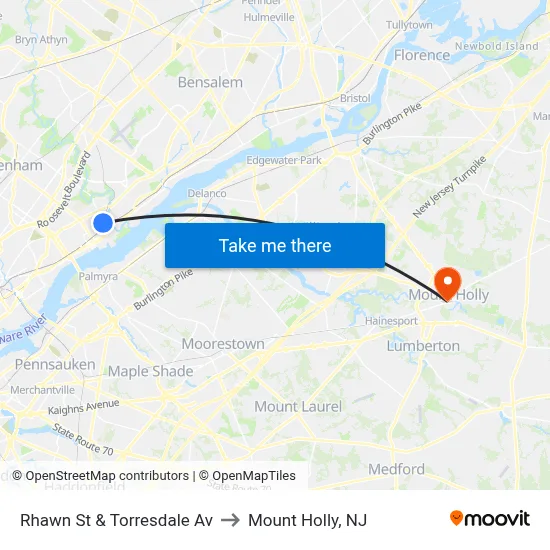 Rhawn St & Torresdale Av to Mount Holly, NJ map