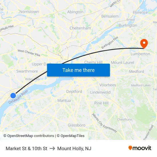 Market St & 10th St to Mount Holly, NJ map