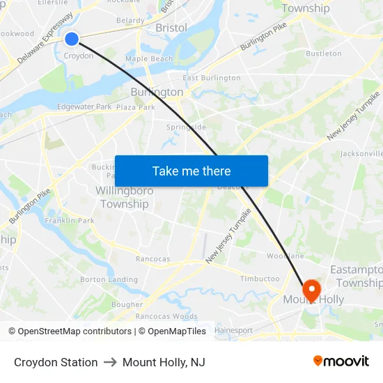 Croydon Station to Mount Holly, NJ map