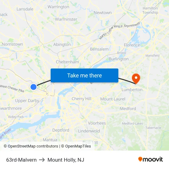 63rd-Malvern to Mount Holly, NJ map