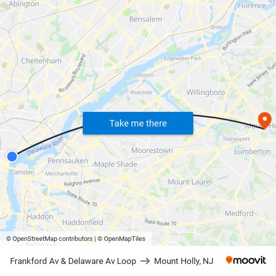 Frankford Av & Delaware Av Loop to Mount Holly, NJ map