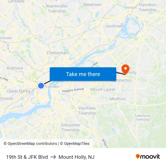 19th St & JFK Blvd to Mount Holly, NJ map