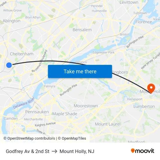 Godfrey Av & 2nd St to Mount Holly, NJ map