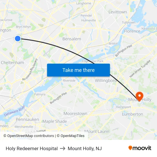 Holy Redeemer Hospital to Mount Holly, NJ map