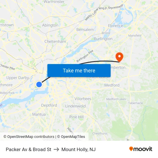 Packer Av & Broad St to Mount Holly, NJ map