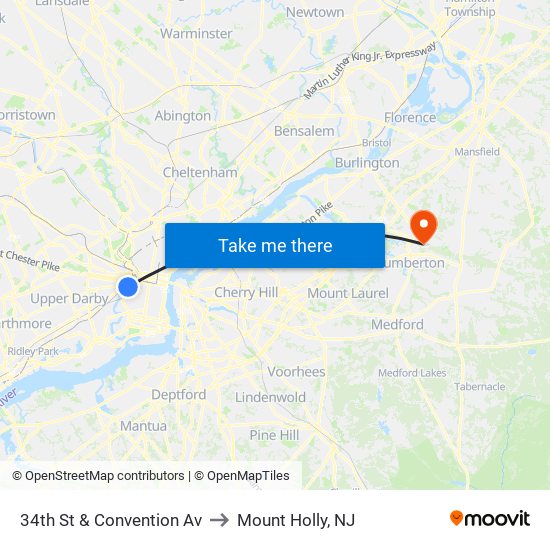 34th St & Convention Av to Mount Holly, NJ map