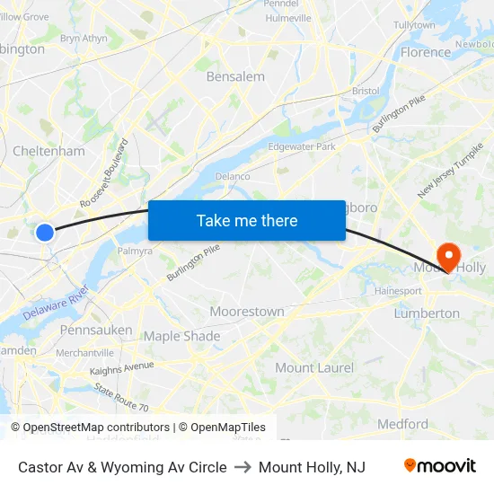 Castor Av & Wyoming Av Circle to Mount Holly, NJ map