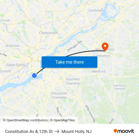 Constitution Av & 12th St to Mount Holly, NJ map