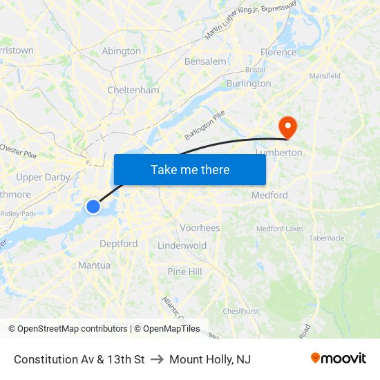 Constitution Av & 13th St to Mount Holly, NJ map