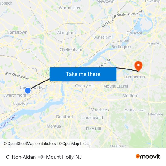 Clifton-Aldan to Mount Holly, NJ map