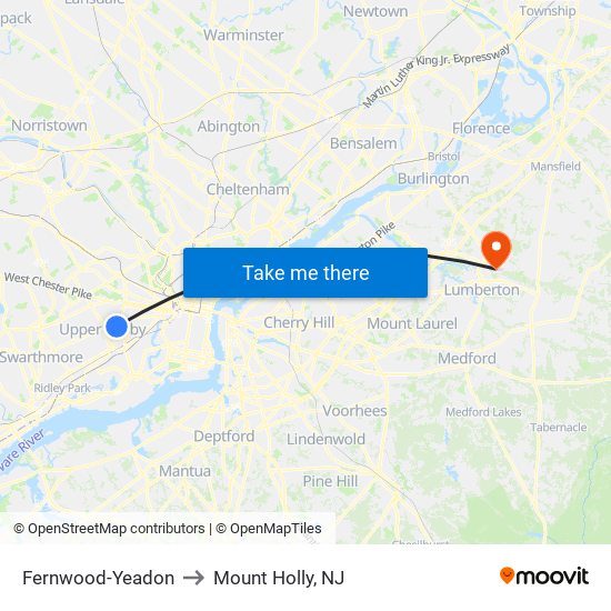 Fernwood-Yeadon to Mount Holly, NJ map