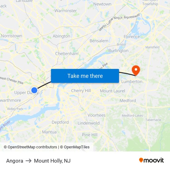 Angora to Mount Holly, NJ map