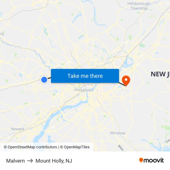 Malvern to Mount Holly, NJ map