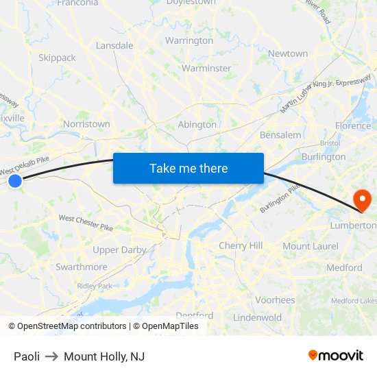 Paoli to Mount Holly, NJ map