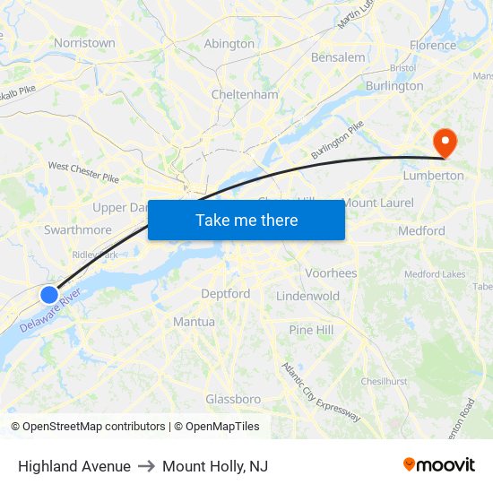 Highland Avenue to Mount Holly, NJ map