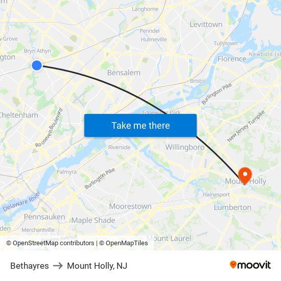 Bethayres to Mount Holly, NJ map
