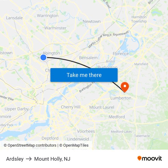 Ardsley to Mount Holly, NJ map