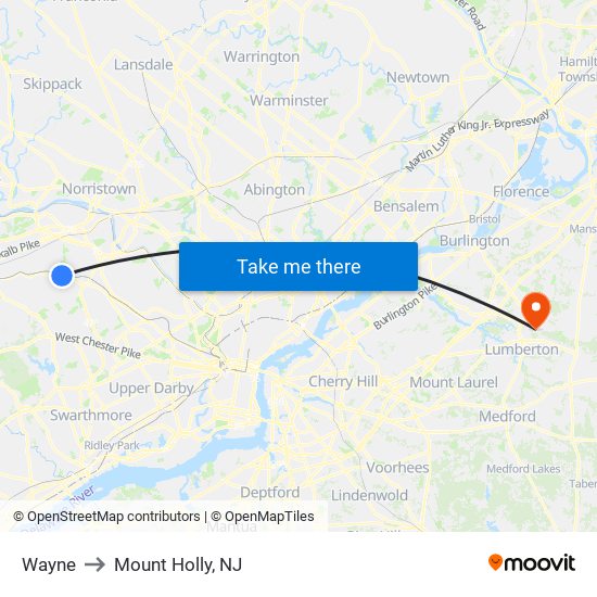 Wayne to Mount Holly, NJ map