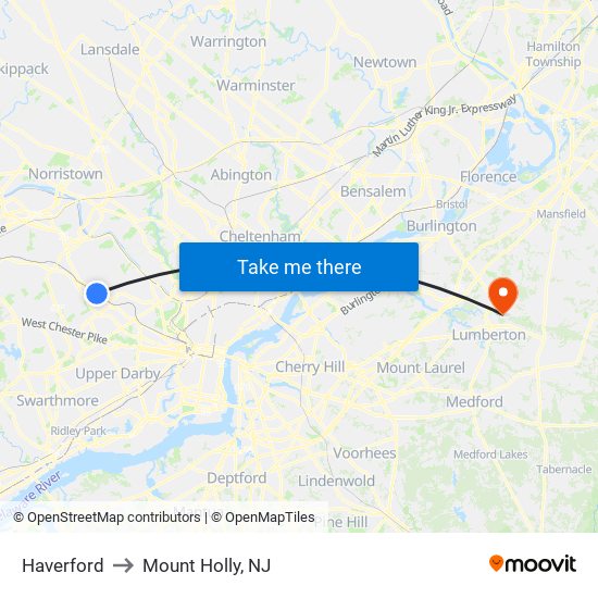 Haverford to Mount Holly, NJ map