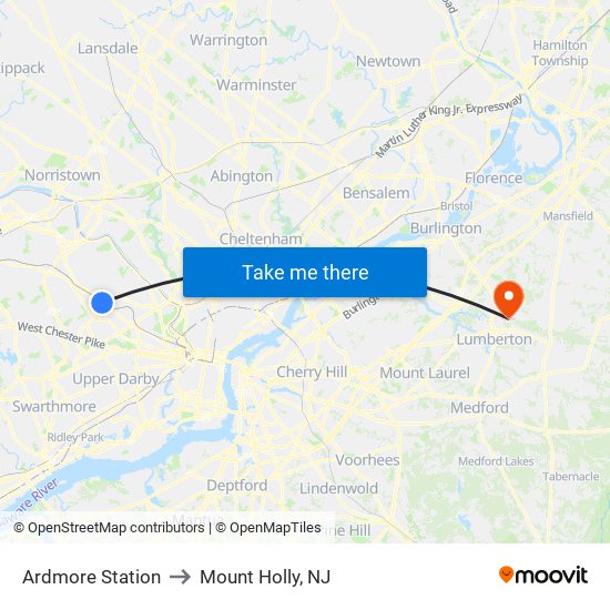 Ardmore Station to Mount Holly, NJ map