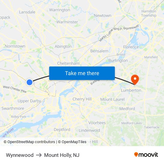 Wynnewood to Mount Holly, NJ map