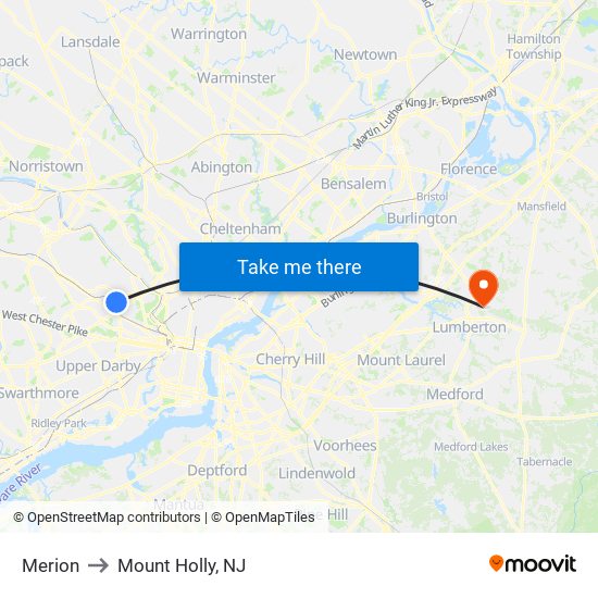 Merion to Mount Holly, NJ map