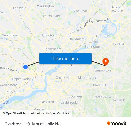 Overbrook to Mount Holly, NJ map