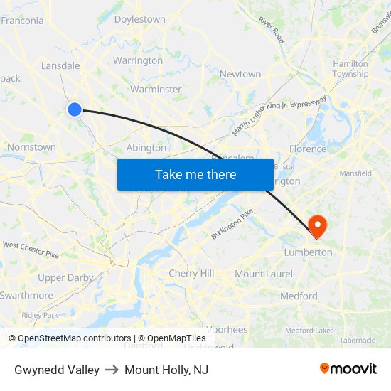 Gwynedd Valley to Mount Holly, NJ map
