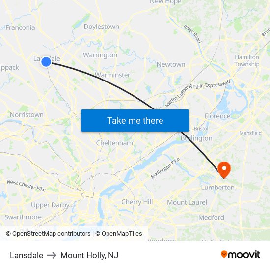 Lansdale to Mount Holly, NJ map