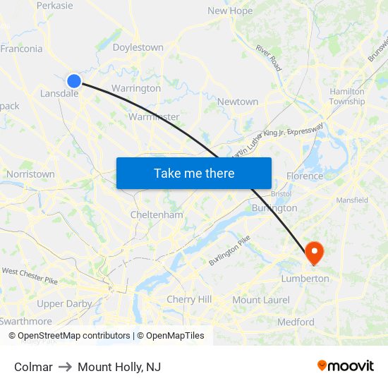 Colmar to Mount Holly, NJ map