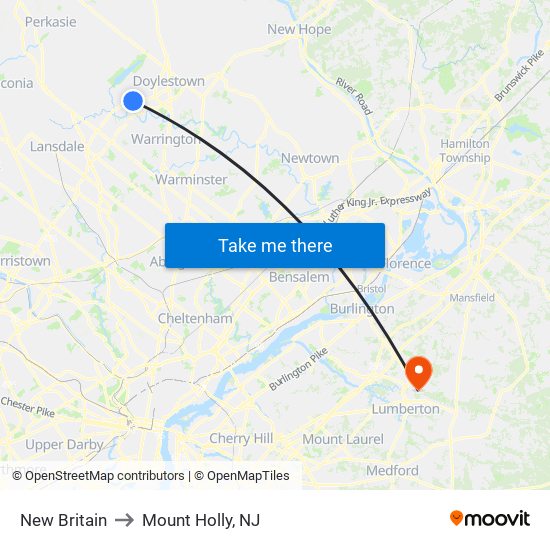 New Britain to Mount Holly, NJ map