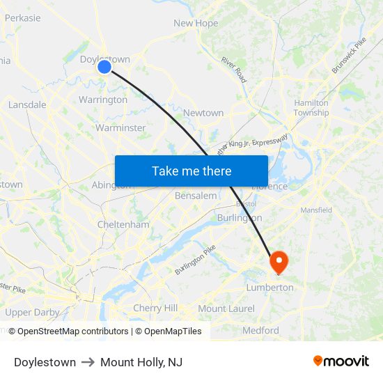 Doylestown to Mount Holly, NJ map
