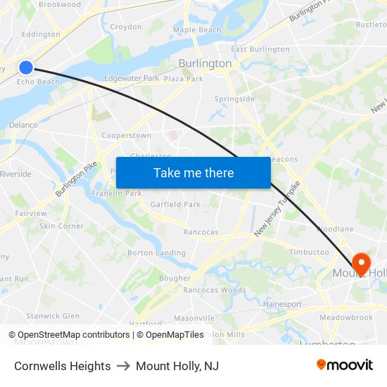 Cornwells Heights to Mount Holly, NJ map