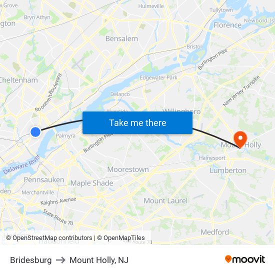 Bridesburg to Mount Holly, NJ map