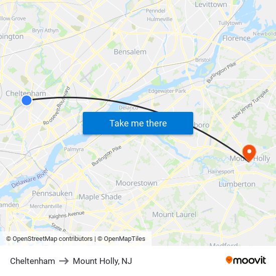 Cheltenham to Mount Holly, NJ map