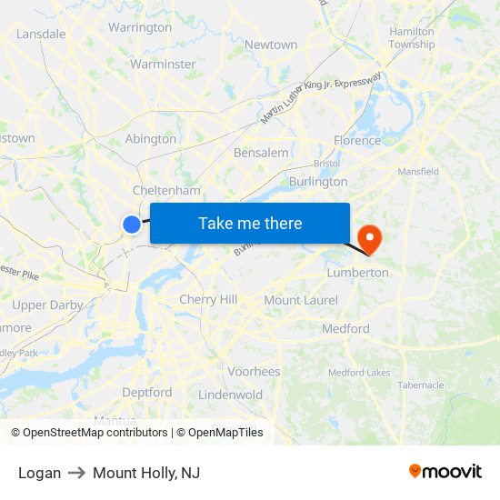 Logan to Mount Holly, NJ map