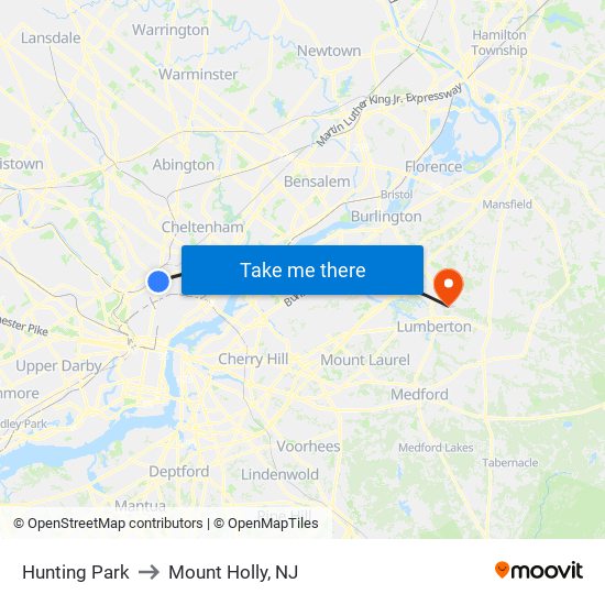 Hunting Park to Mount Holly, NJ map