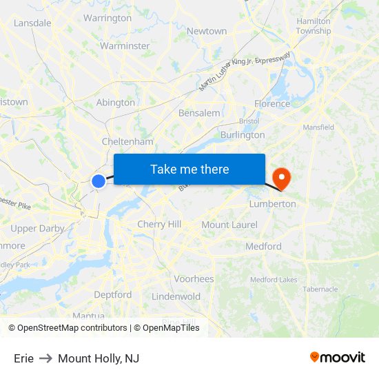 Erie to Mount Holly, NJ map