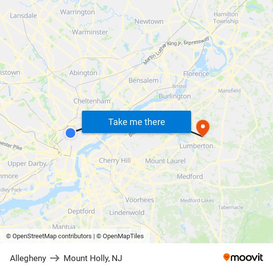 Allegheny to Mount Holly, NJ map